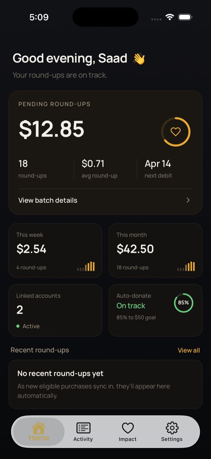 Hasanah home screen showing $12.85 in pending round-ups