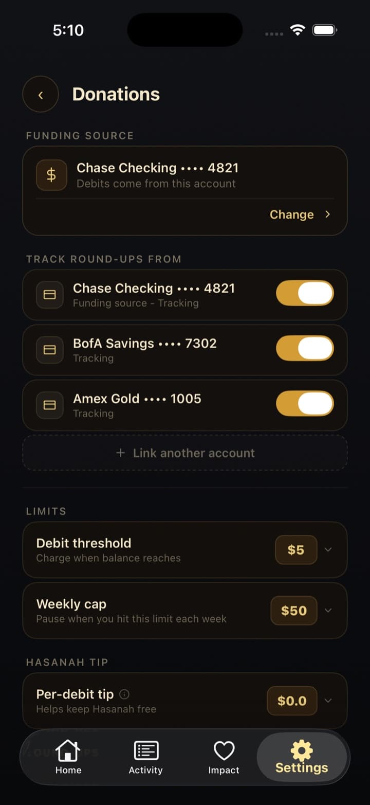 Donation settings with funding account, tracked accounts, and weekly limits