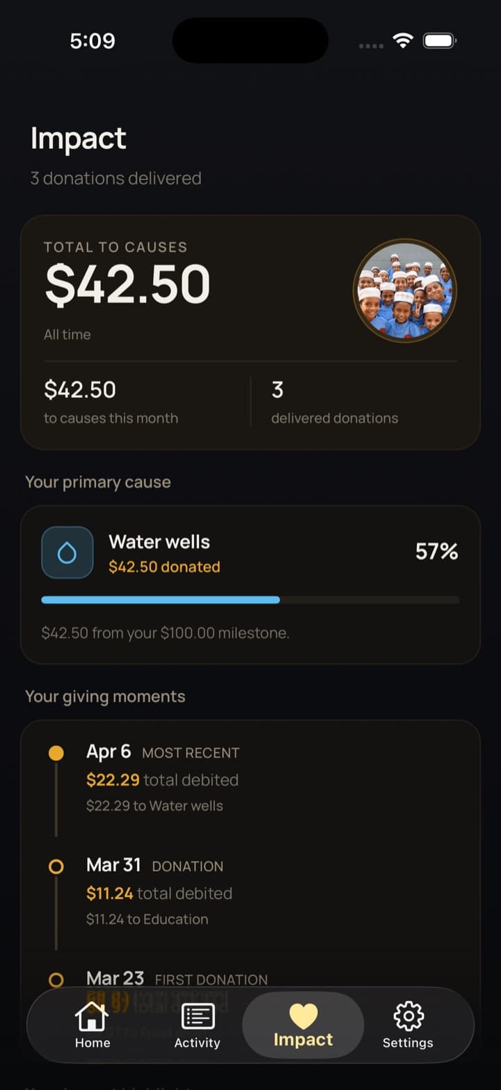 Impact screen showing $42.50 given to causes